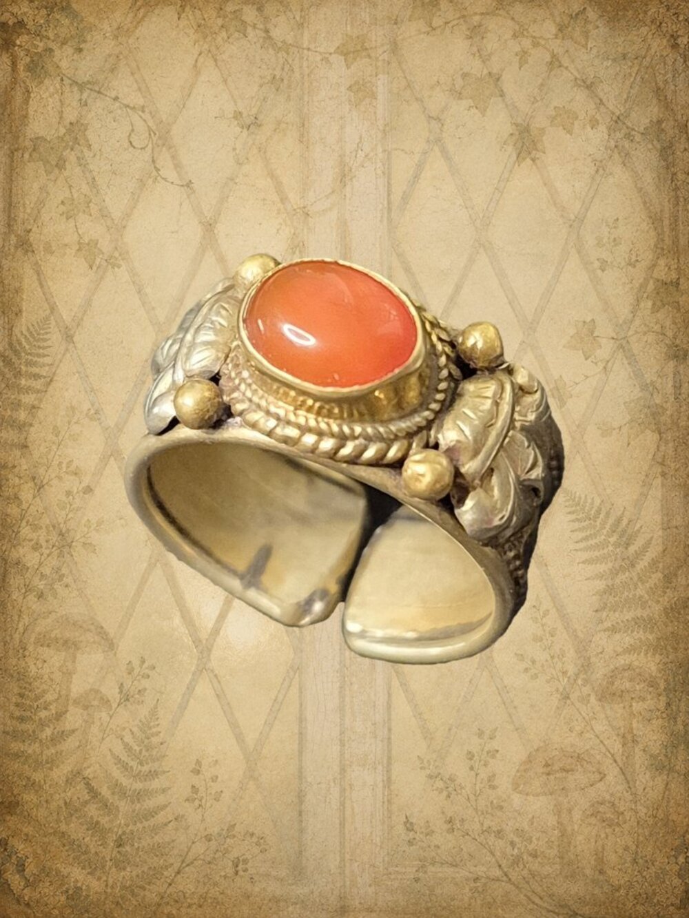 Olden Heights 🏔️ Vintage Brass & Silver Adujstable Boho Ring Faux Cornaline